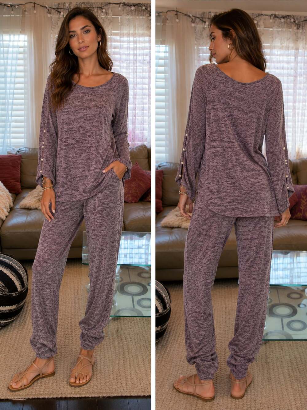 naïf Women's Purple Heathered 3/4 Sleeve Top with Pearl Accent Buttons
